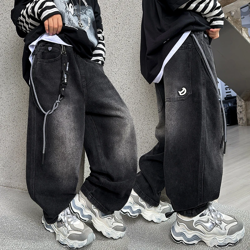 男童春秋牛仔裤2025新款中大童秋季炸街宽松直筒裤韩版痞帅阔腿裤