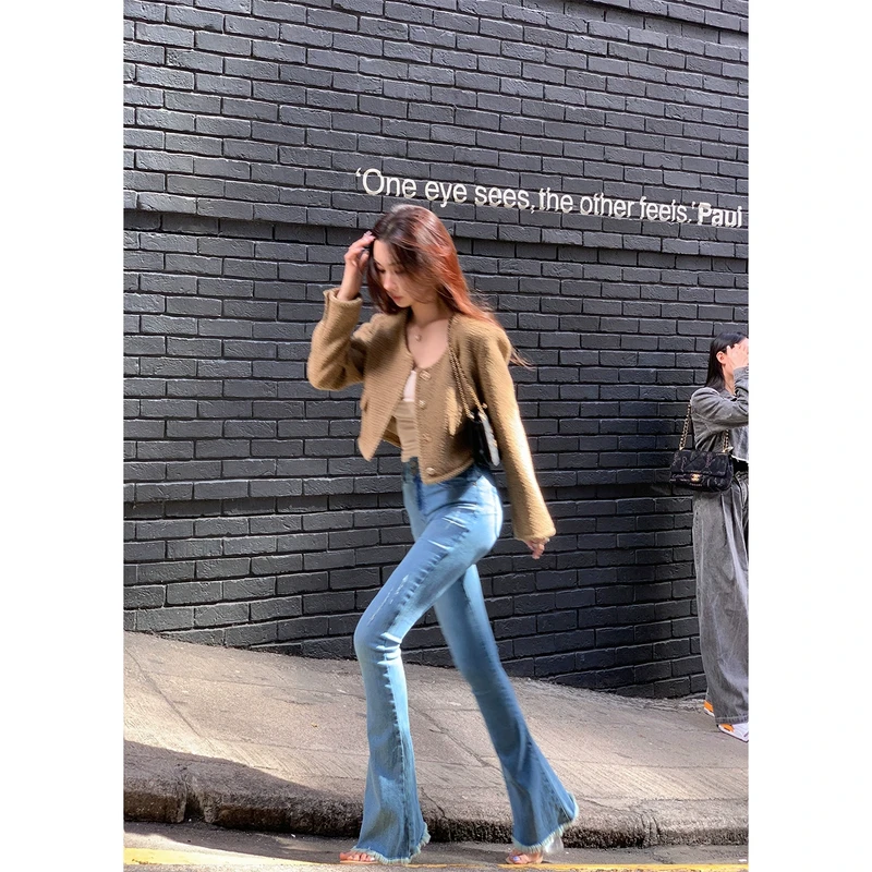 ACHI大也池◆流苏牛仔裤~高腰提臀牛仔裤女紧身微喇拖地长裤