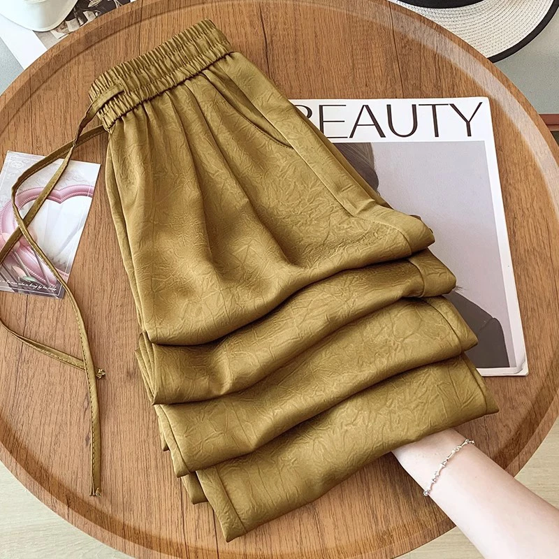 醋酸缎面阔腿裤裤子女春秋2025新款防晒裤垂感夏季冰丝国风直筒裤