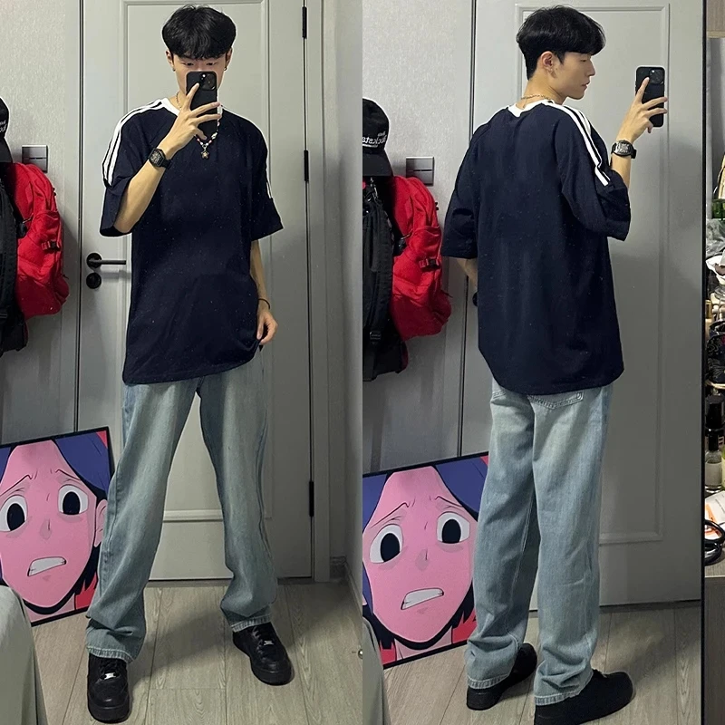 labzaa美式ins潮牌纯色基础款三条杠短袖t恤男女夏季休闲纯棉上衣