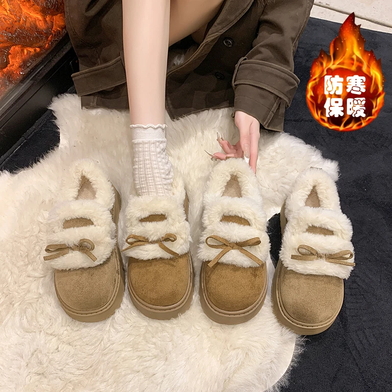 巨好看韩系蝴蝶结毛毛雪地靴女冬季加绒加厚保暖2025新款勃肯棉鞋