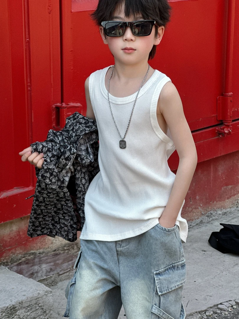 2025夏季儿童百搭坑条弹力打底背心男童纯棉工字背心无袖