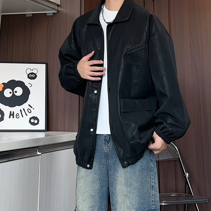 秋装新款翻领皮夹克外套男宽松皮衣美式休闲痞帅设计感复古上衣
