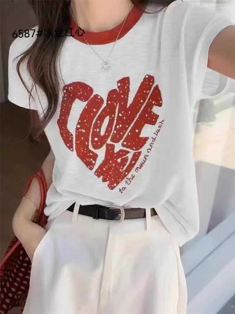 邹先森7683-29新款气质时尚显瘦爱心图案百搭短袖T恤夏季