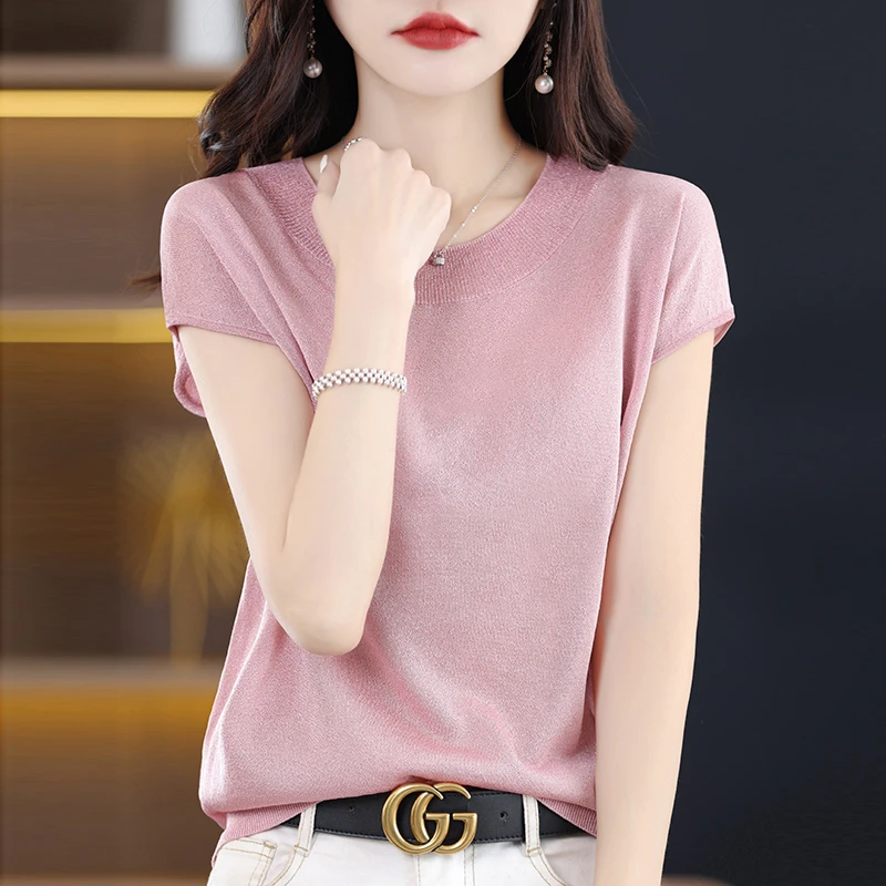 品牌时尚女装夏季新款圆领短袖针织T恤简约时尚百搭宽松显瘦上衣