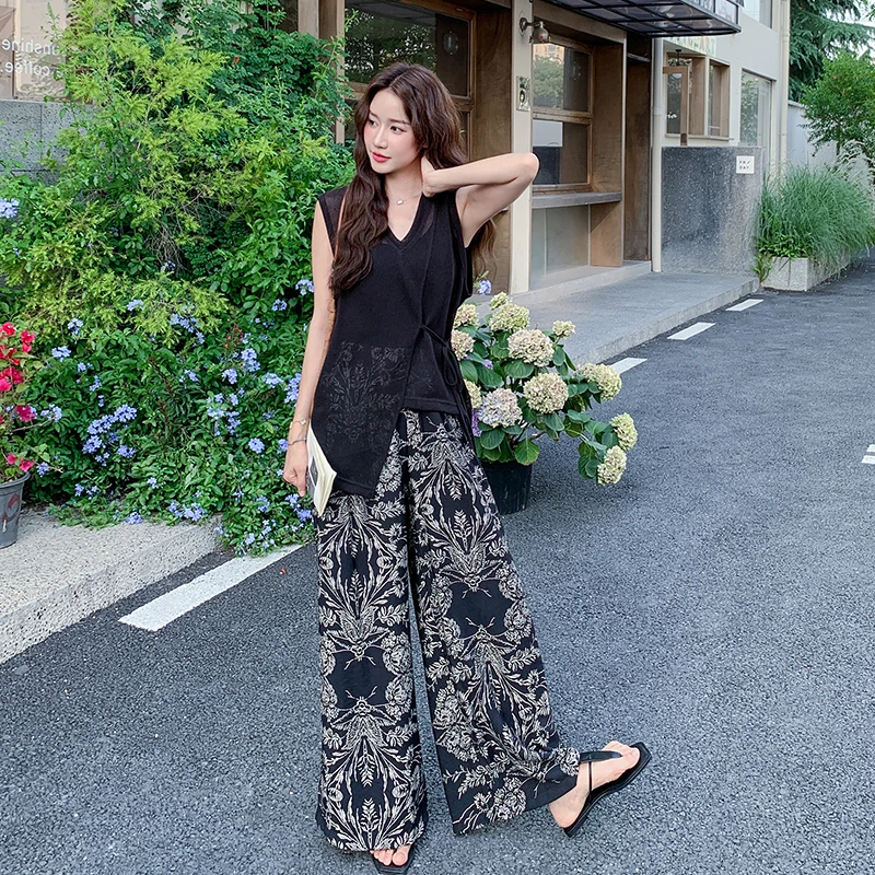 法式不规则背心印花阔腿裤套装女2025夏季新款又酷又飒穿搭两件套