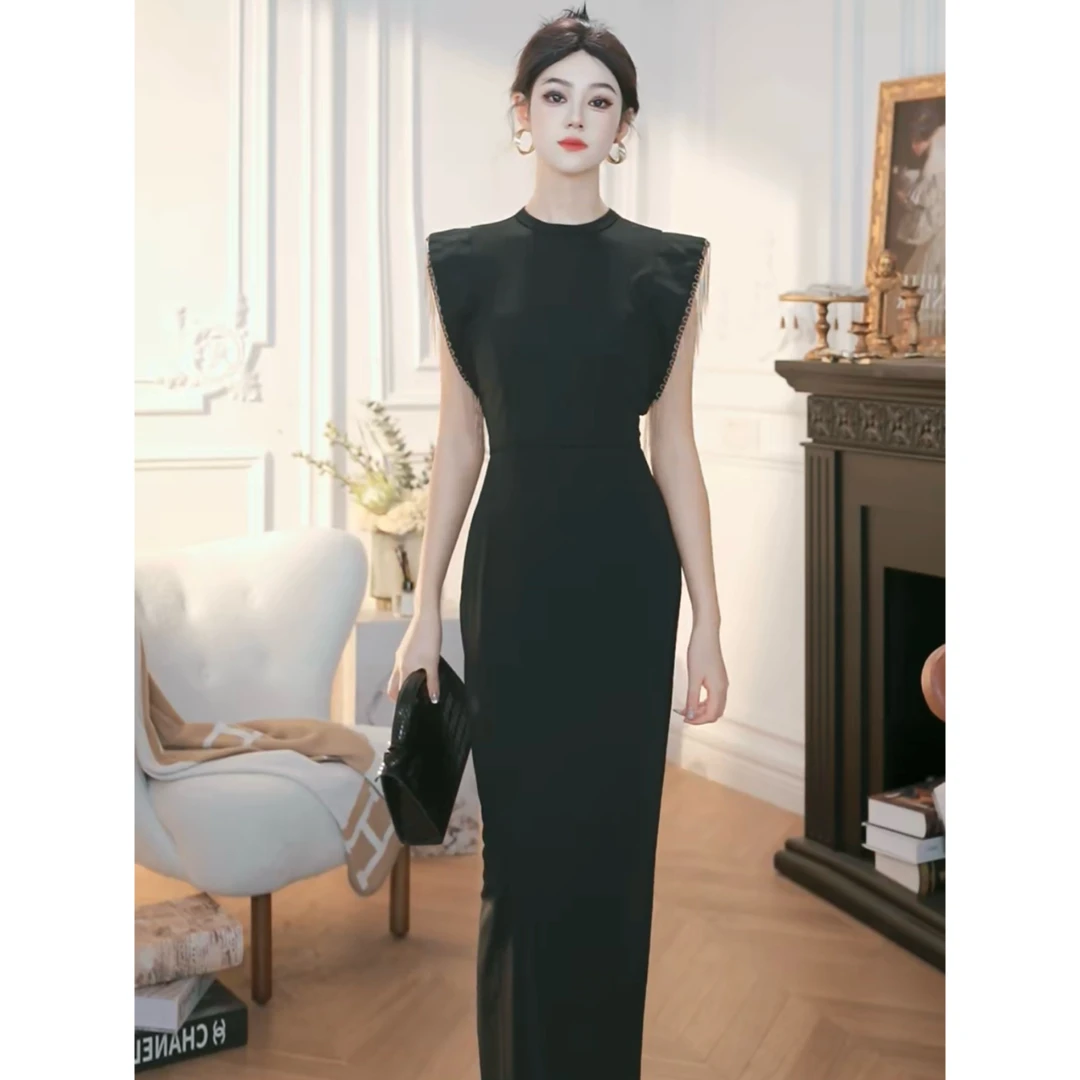 ZHAOMU 优雅黑色无袖长款连衣裙感迷人曲线连衣裙气质夏季黑色