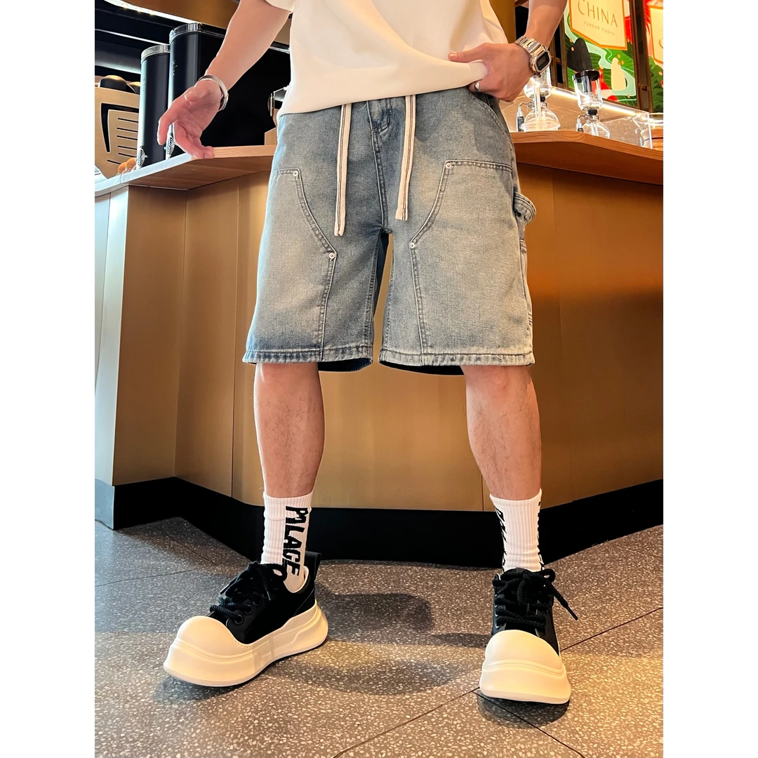 美式高街水洗做旧设计感夏季松紧腰抽绳潮流男士时尚百搭伐木裤