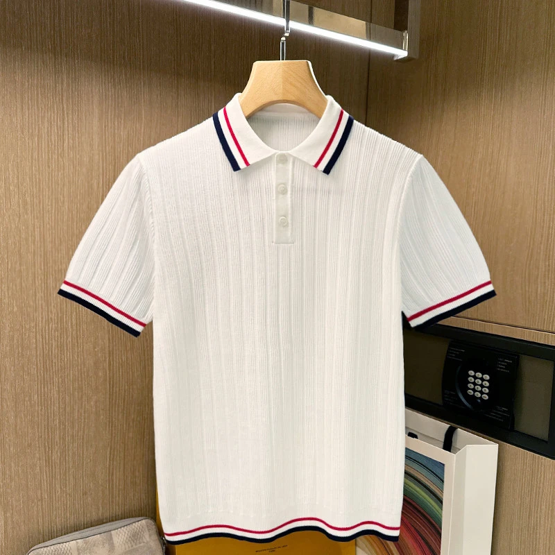 法式奢华男士拼色上衣翻领短袖t恤时尚新款竖条纹理针织polo衫男