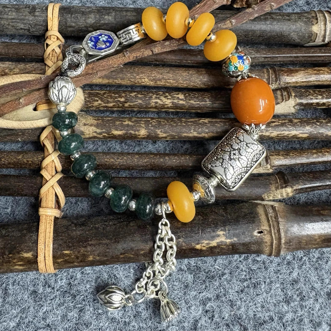 铜合金仿水晶手链 民族风发财黄招财聚财手链女复古手链