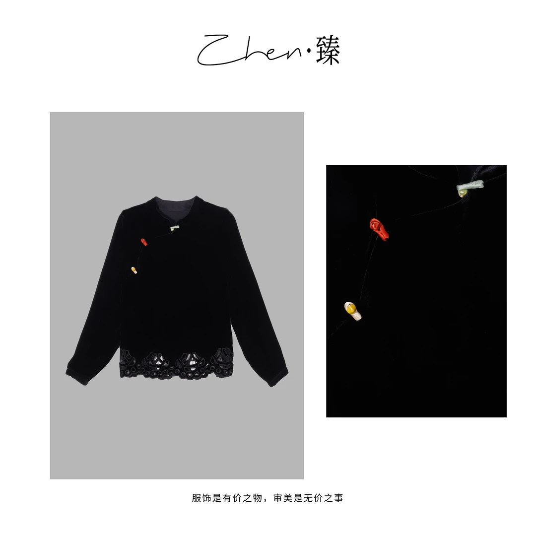 ZHEN.臻 新中式斜襟彩结镂空勾花重工时尚真丝丝绒衬衫SY8761Z