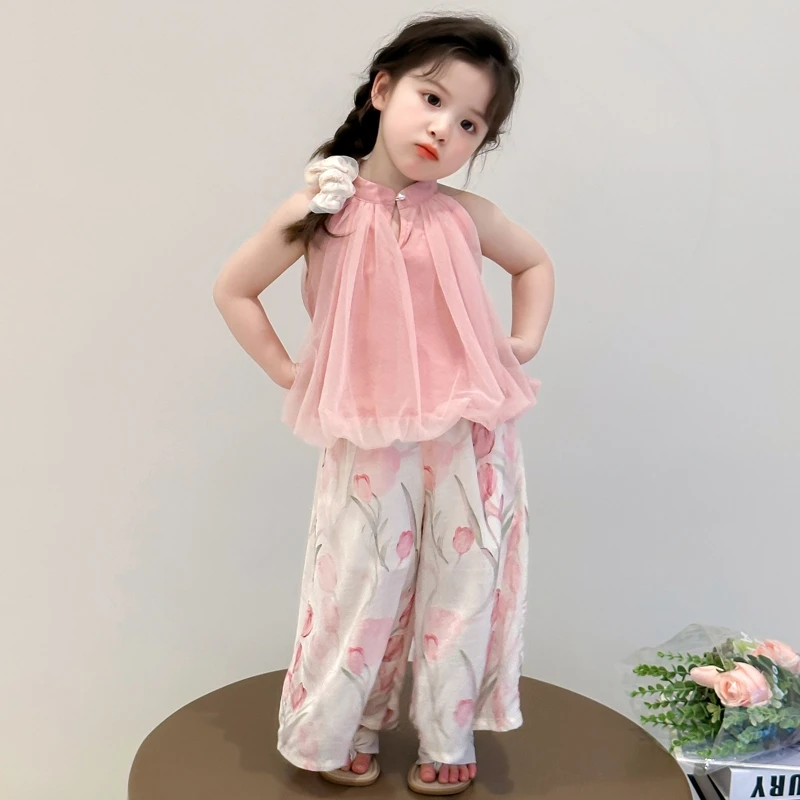 女童夏装无袖花苞服套装2025夏季新款儿童背心阔腿裤小女孩两件套