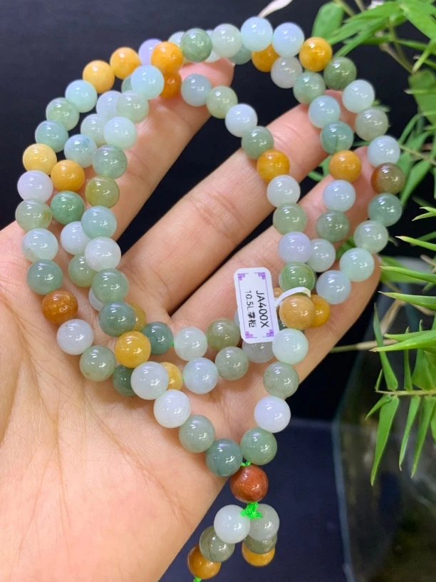 三彩珠子项链天然翡翠A货1.27妈妈彩色渐变珠珠双圈长链女士多层