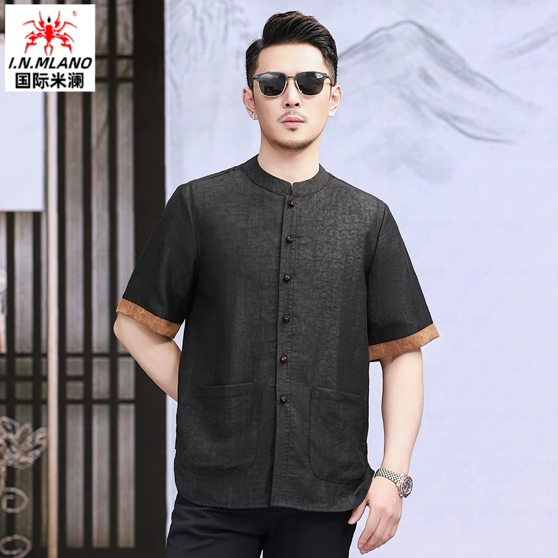 新中式100%桑蚕丝高端轻奢龟纹香云纱唐装男士短袖真丝潮流衬衫男