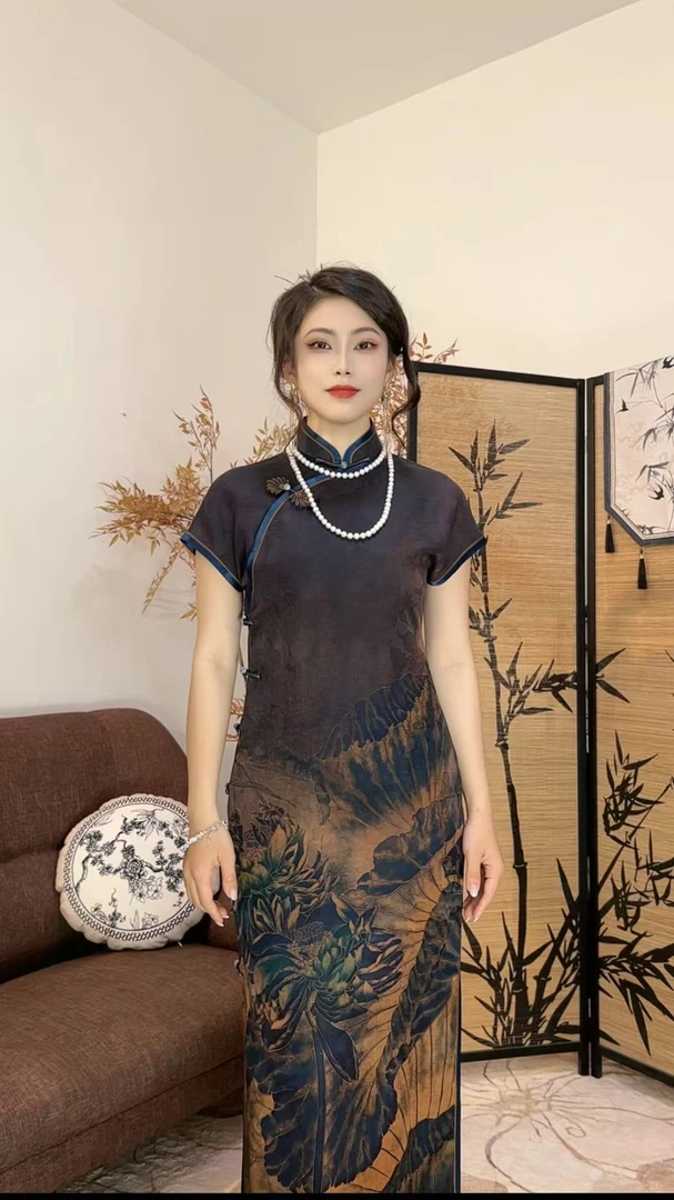 依依专属【青莲】高端香云纱夏季国风日常重缎全开襟长旗袍YY027