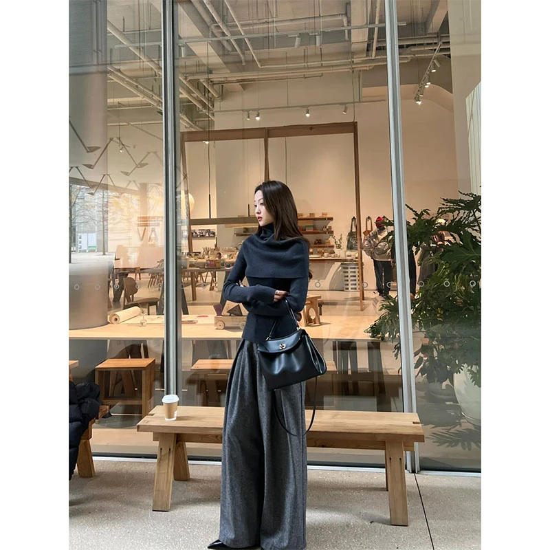 春季慵懒风软糯气质高领披肩修身长袖上衣高腰直筒百搭休闲阔腿裤