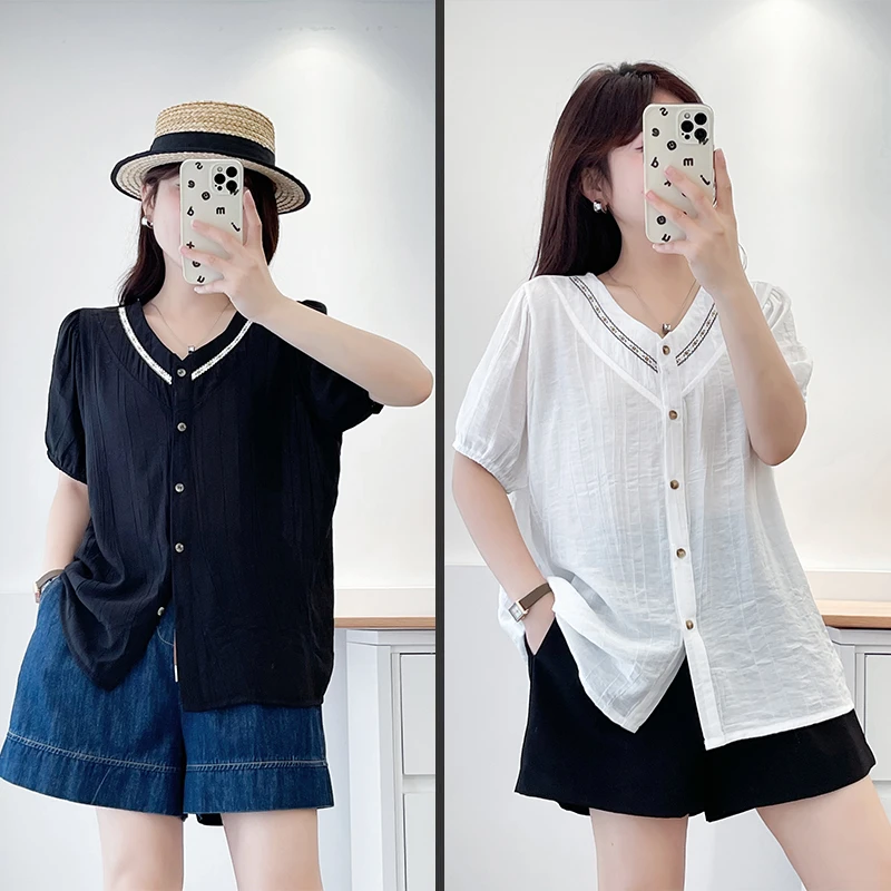 夏季时尚200斤大码女装百搭短袖衬衫宽松休闲开衫洋气遮肉上衣女