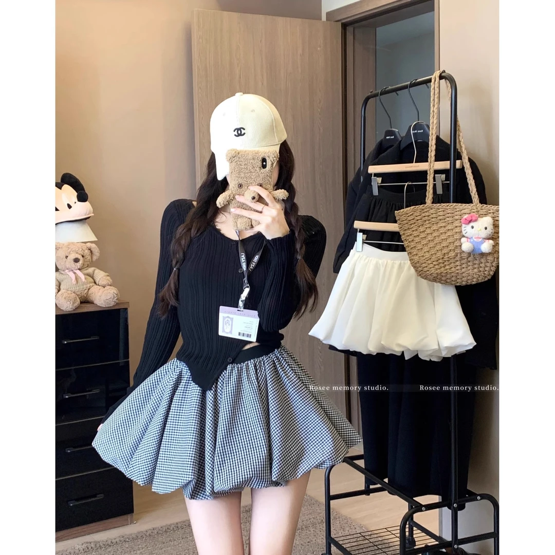 撞色格子花苞裙小个子半身裙短裙女装夏季高腰防走光A字裙蓬蓬裙