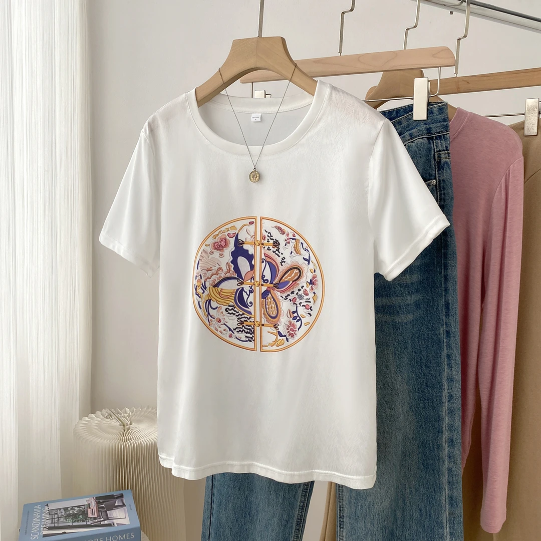 1416新款丝滑缎面冰凉感百搭时尚休闲女T恤AB拼接短袖