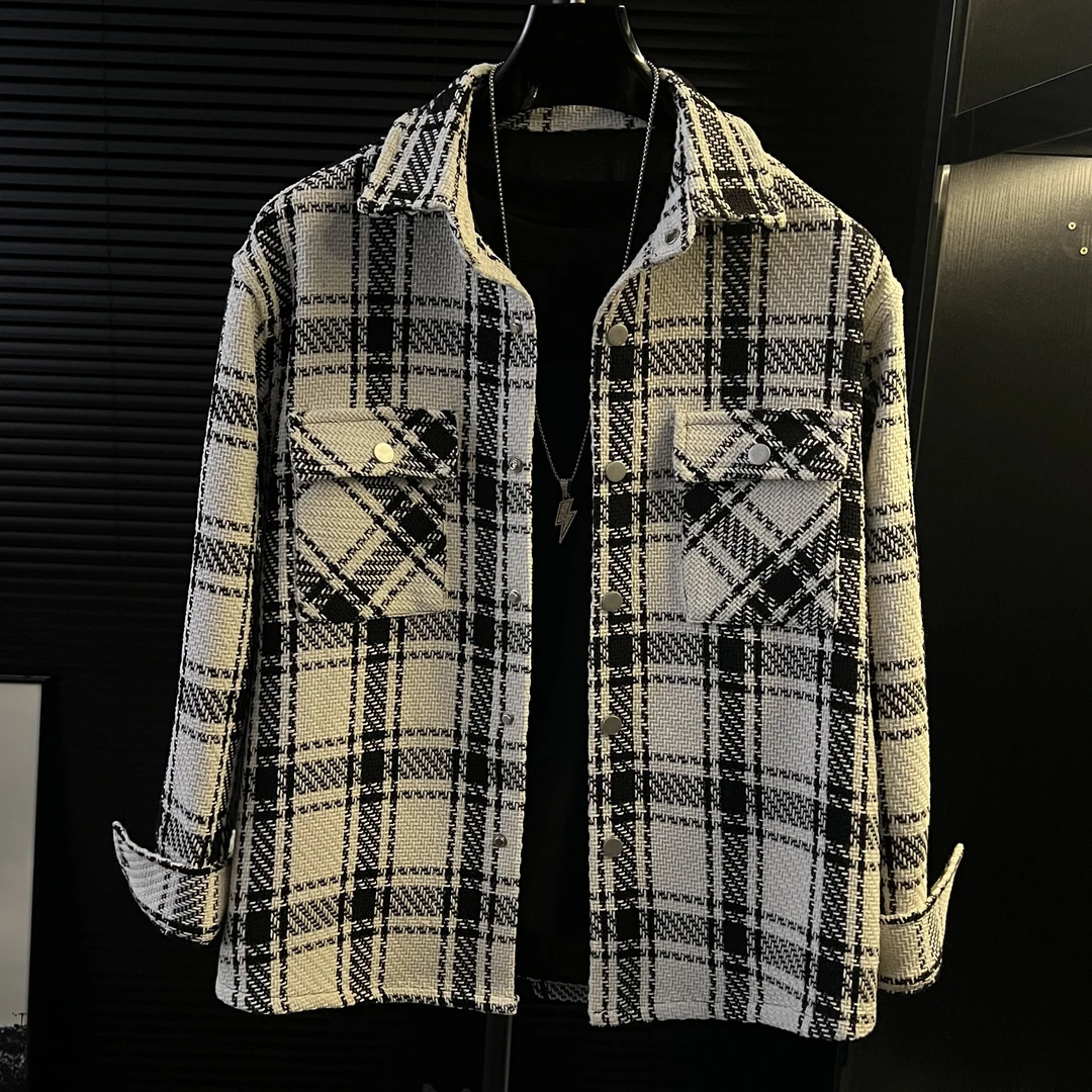 【港澳专属】-早春新款黑白格子外套男士翻领休闲轻奢流行夹克上衣