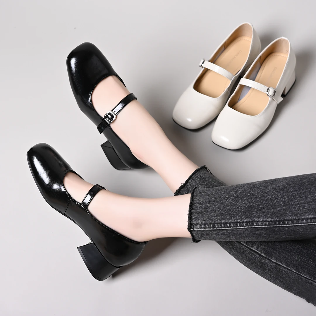 日系中跟方头玛丽珍鞋女2025新款春粗跟一字扣单鞋低跟百搭小皮鞋