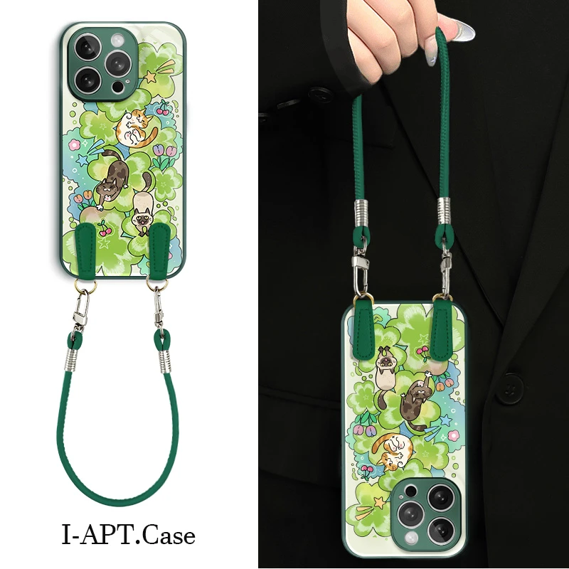 卡通猫叶子花朵水凝玻璃壳适用iPhone苹果16手机壳华为oppo小米vi