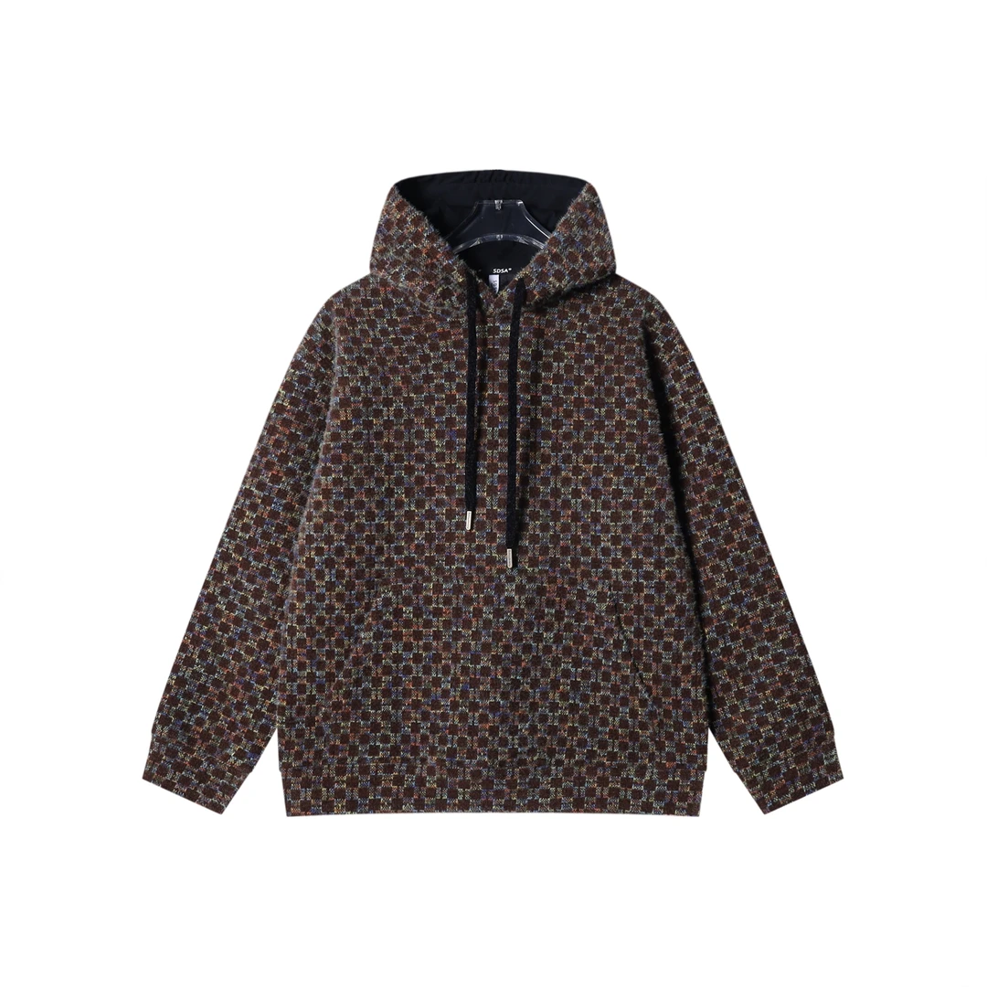 SDSA男士秋冬新款痞帅男装简约绒毛格子抽绳连帽卫衣宽松套头上衣