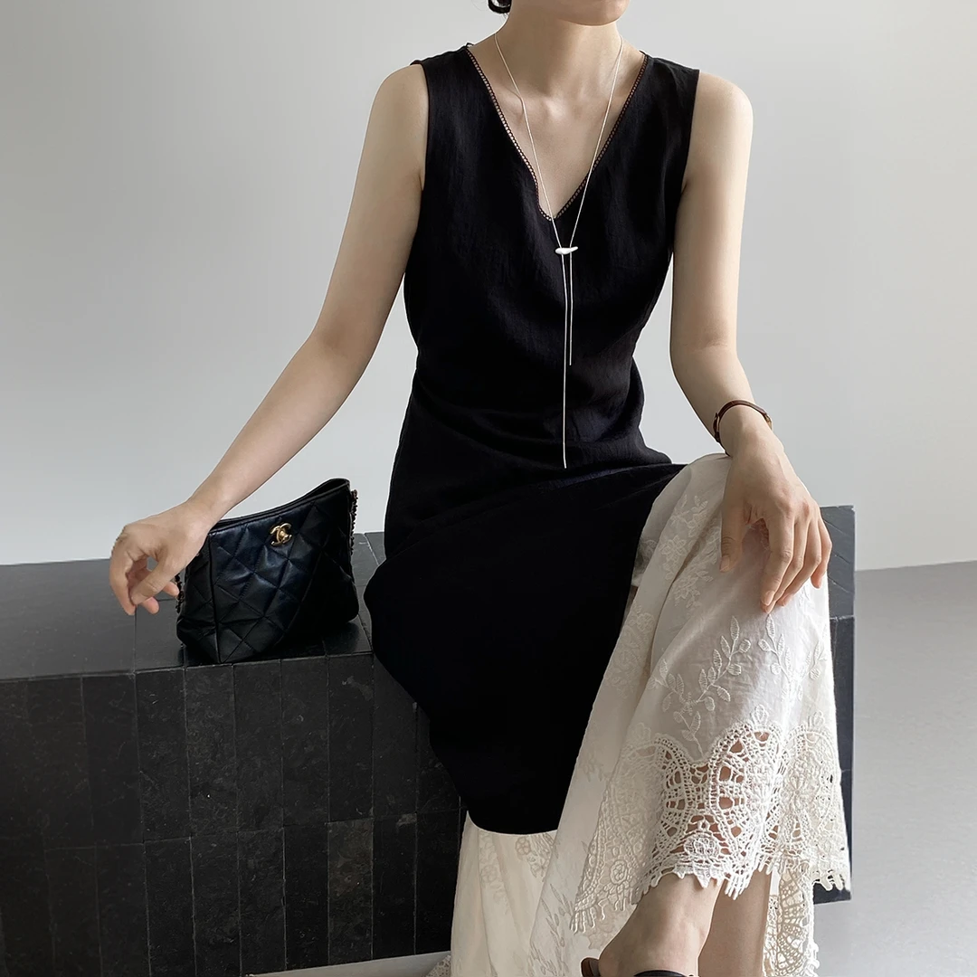 6269#法式简约拼接镂空绣花蕾丝显瘦不规则重工长款无袖背心裙夏