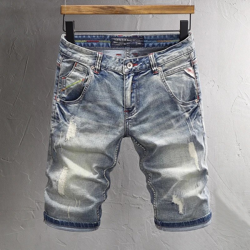 高端复古男士牛仔短裤潮牌修身直筒五分裤破洞怀旧重工中裤子夏季