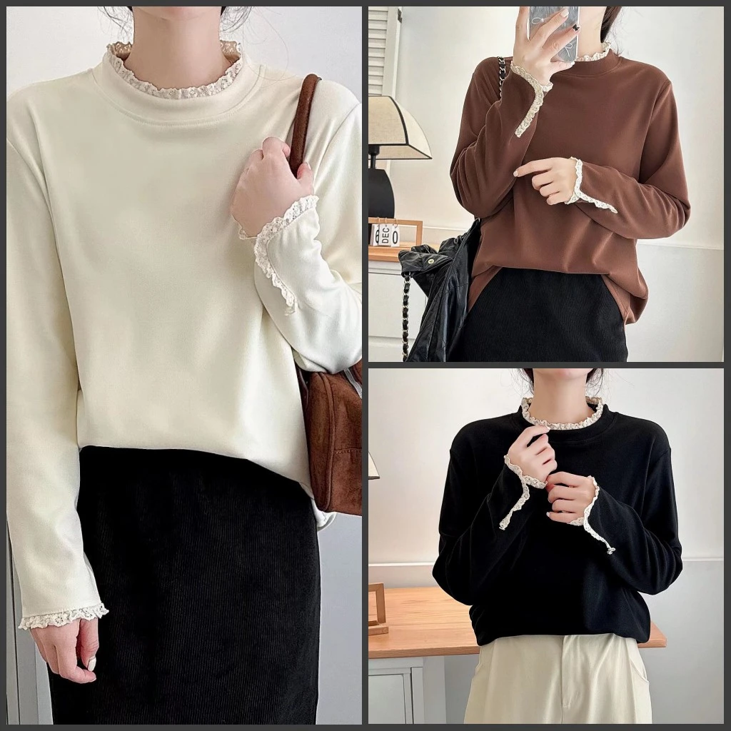 110-200斤大码女装胖mm秋冬保暖花边领减龄百搭内搭T恤长袖打底衫