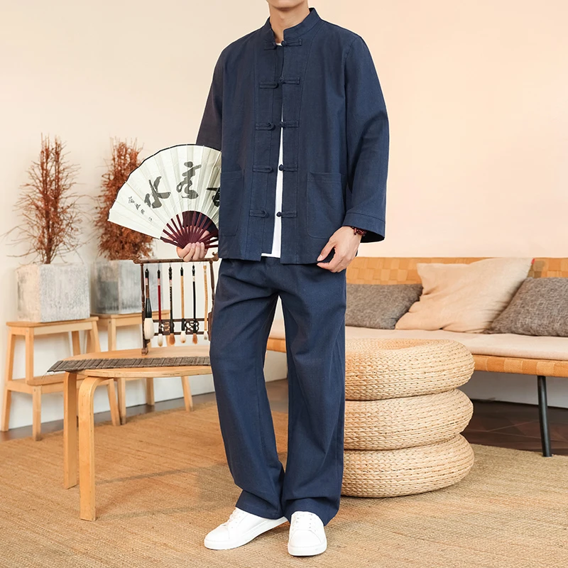 秋装新款中国风唐装夹克两件套大码休闲棉麻套装宽松复古中式茶服