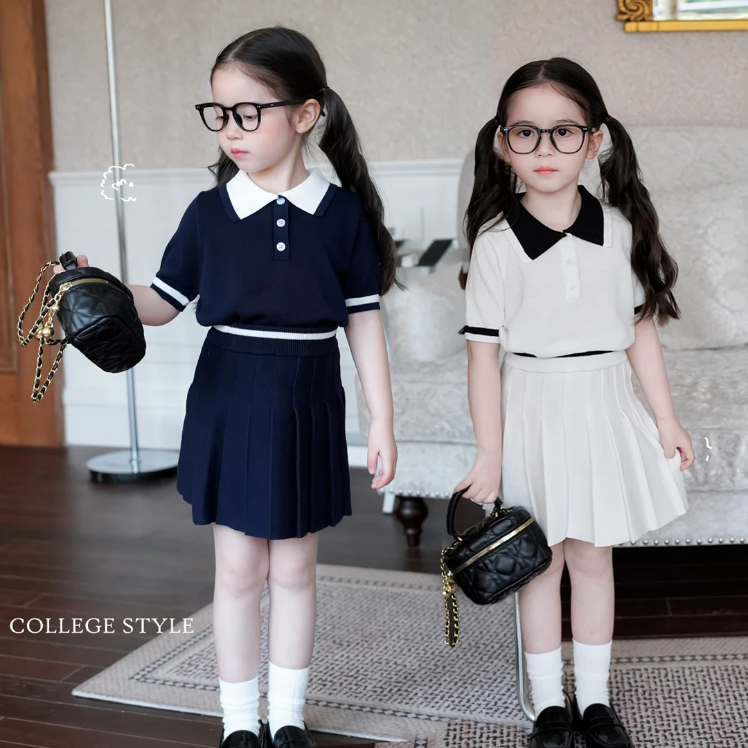 AnnieGirl夏季新款学院风女童冰丝miu系针织衫百褶裙气质套装2025