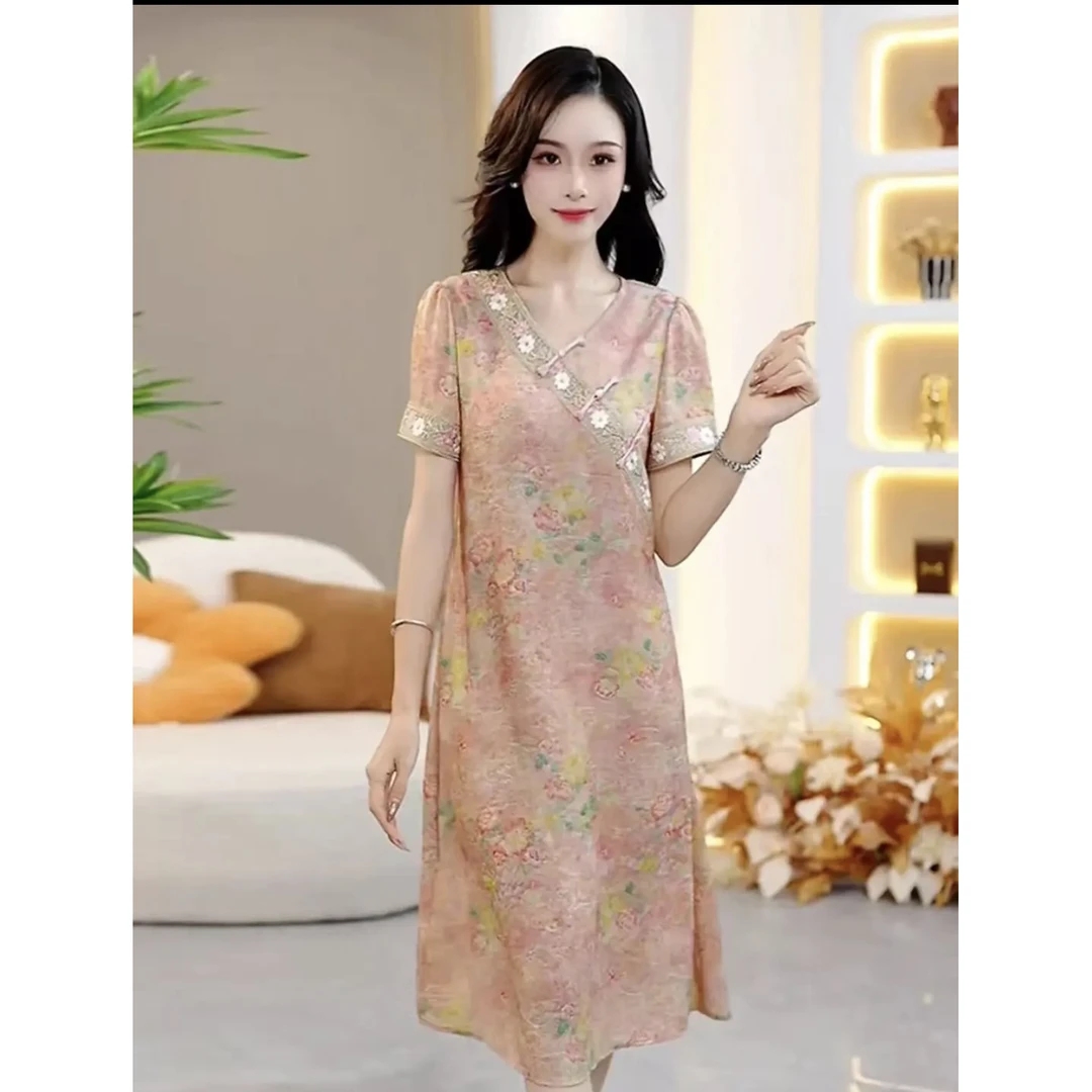 2025夏季新中式时尚优雅减龄显瘦连衣裙气质高端爆款碎花盘扣1