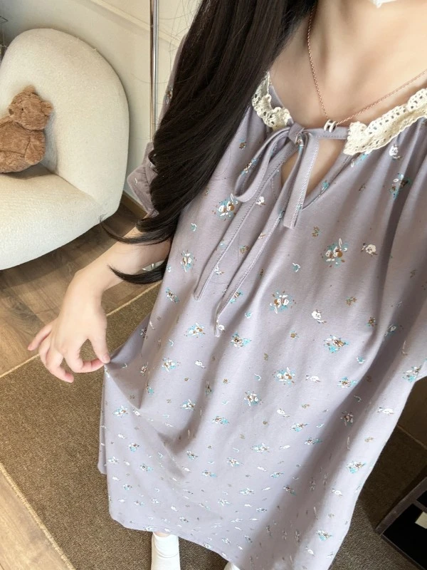 100%纯棉紫色碎花2025夏季睡裙短袖女ins风宽松大码大码睡衣