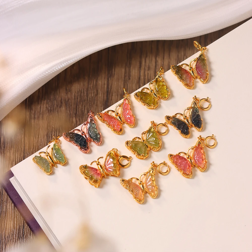 天然宝石碧玺蝴蝶侧挂925银镶嵌多样性发其一