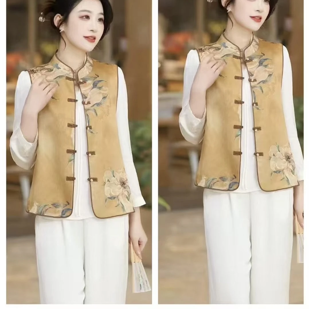 单排扣印花百搭短款马夹新中式提花马甲