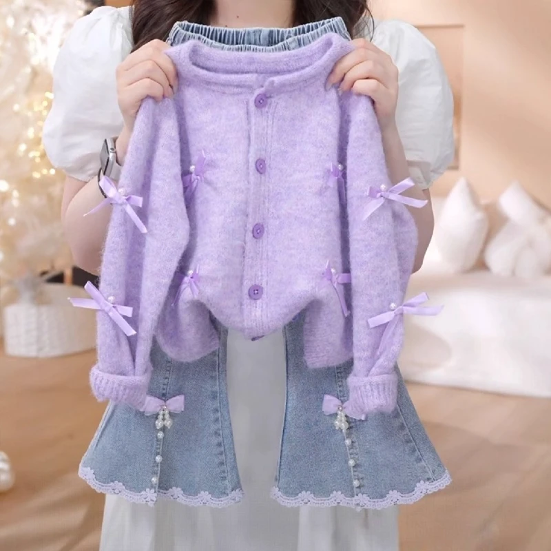 女童针织开衫套装春秋季2025新款儿童毛衣秋装女孩时髦牛仔喇叭裤