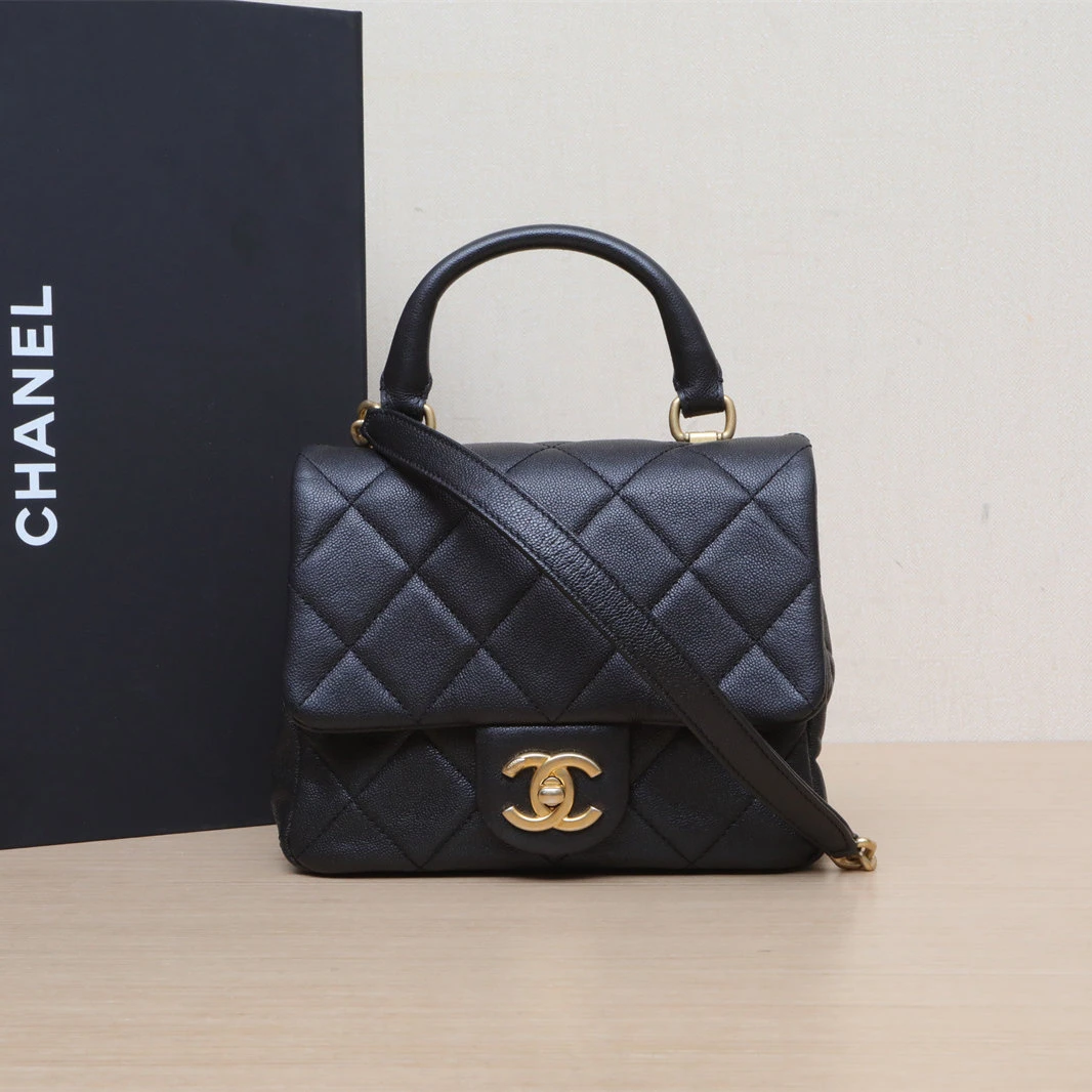 95新 Chanel/香奈儿 【念念】黑色 芯片开 金扣 手柄 方胖子包