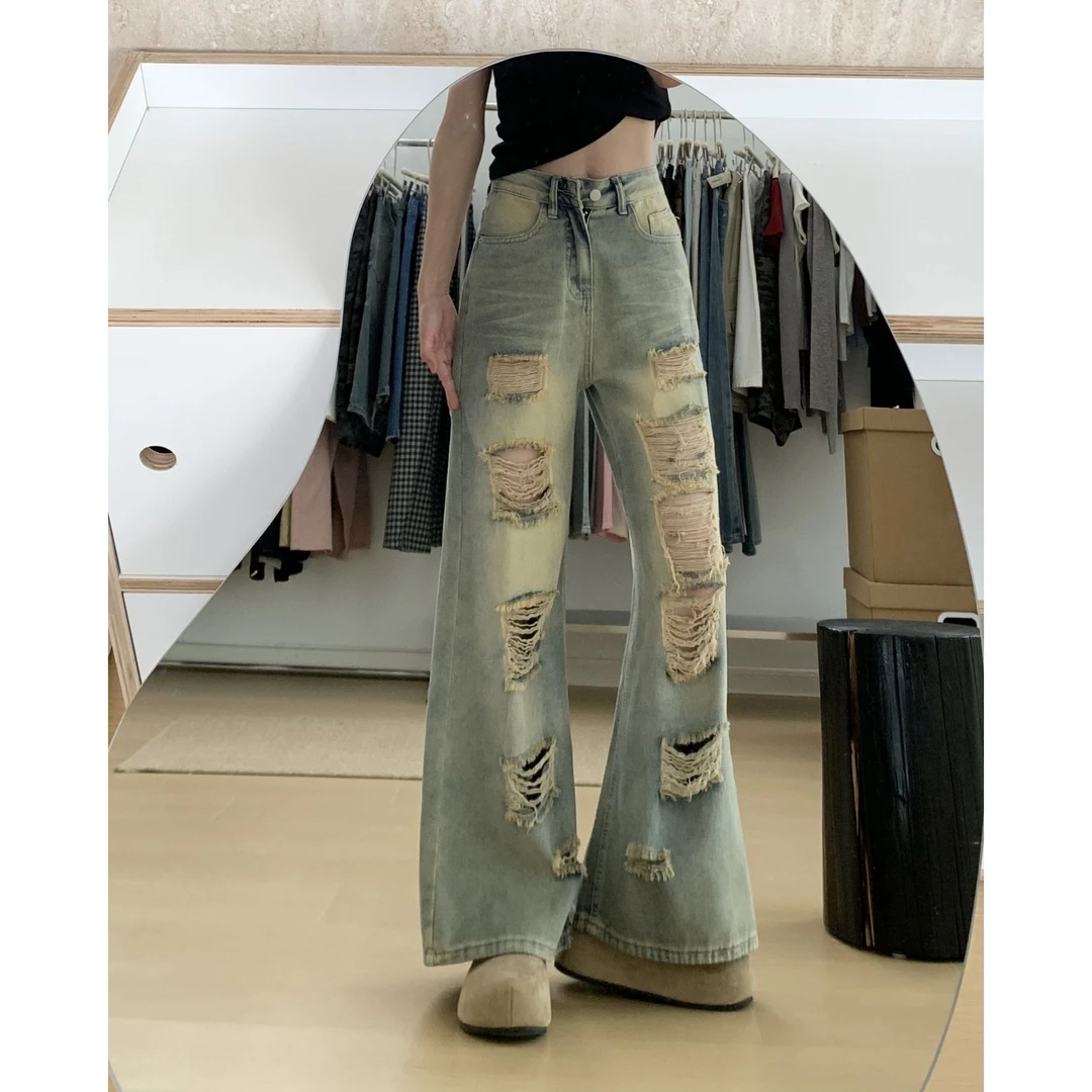 薄款夏季透气乞丐破洞直筒牛仔裤女ins水洗做旧高腰宽松阔腿裤子