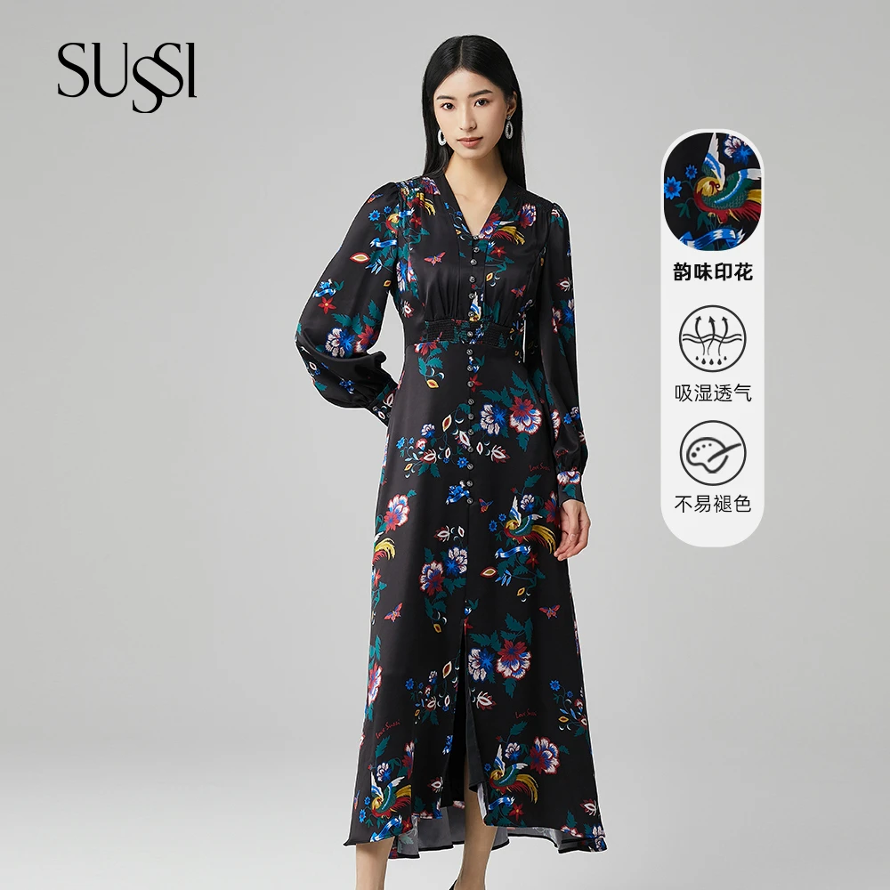 SUSSI古色丨“漪花漫舞”法式茶歇裙V领手绘灯笼袖收腰显瘦连衣裙女