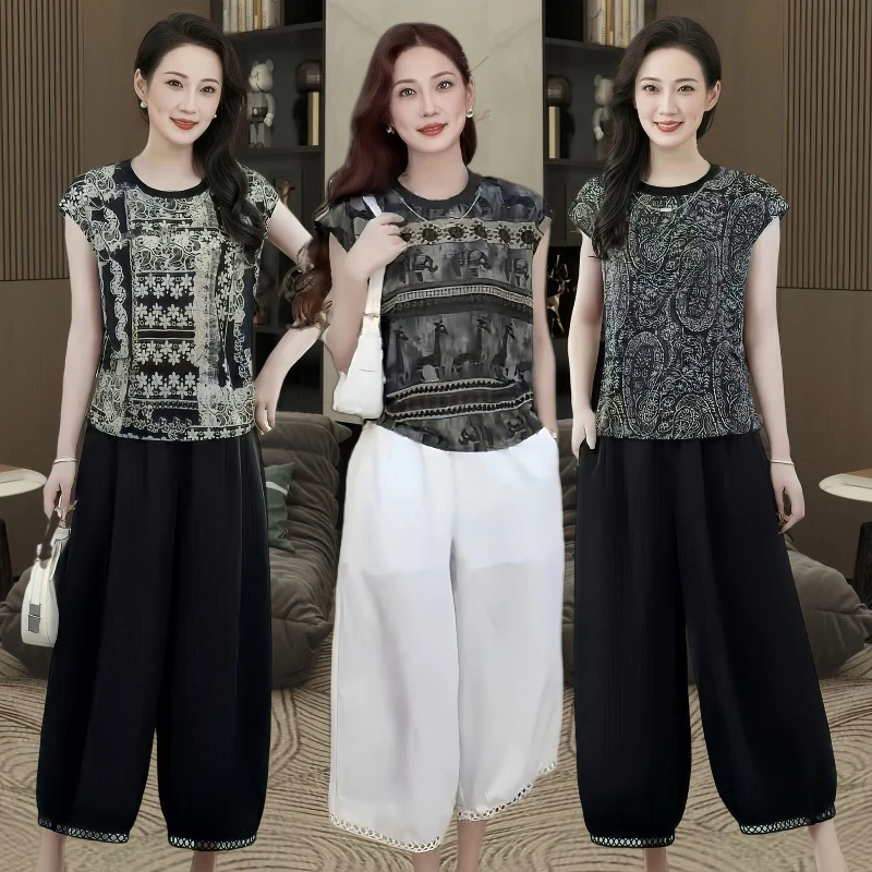新款时尚套装宽松休闲短袖妈妈装气质套装显瘦圆领上衣高档两件套
