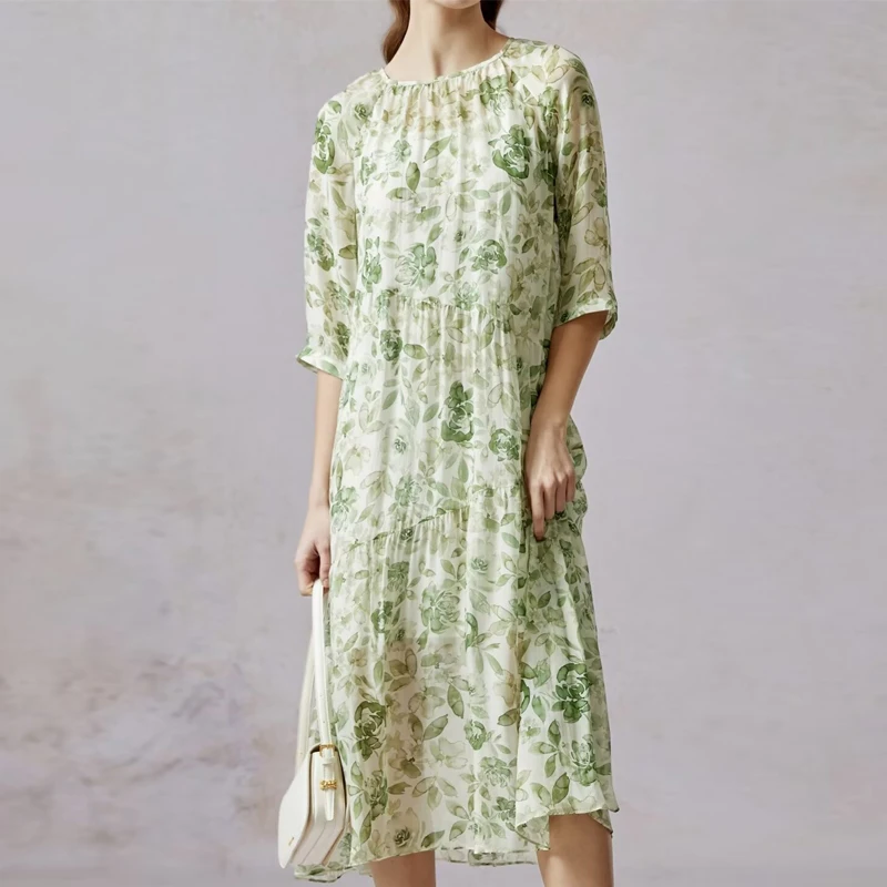 墨枝 五分袖印花桑蚕丝连衣裙D9009574