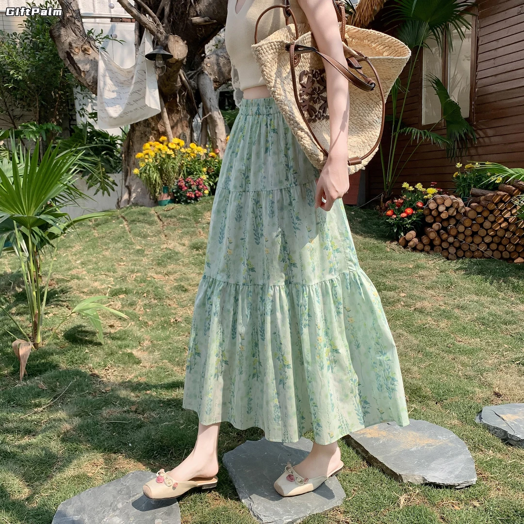 GiftPalm法式碎花半身裙女夏季高腰显瘦拼接蛋糕半裙a字垂坠感长