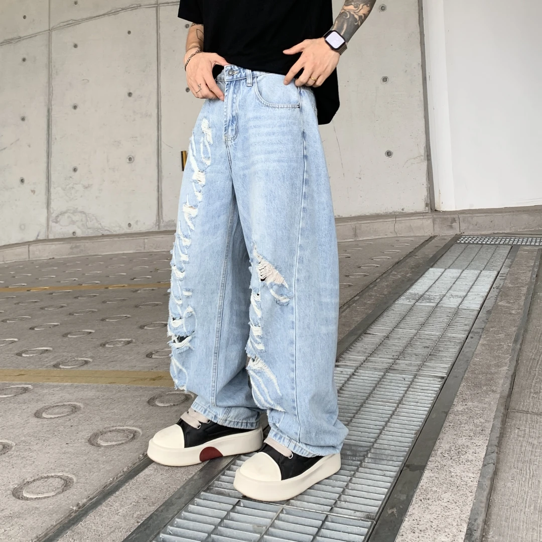 THIS WOW新款潮牌宽松直筒怀旧蓝色水洗牛仔裤破洞薄款夏季美式