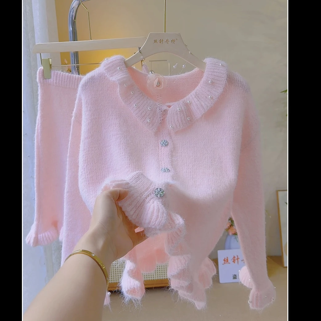 1甜美荷叶边钉珠短款针织开衫2025早秋新款半身裙毛衣针织两件套