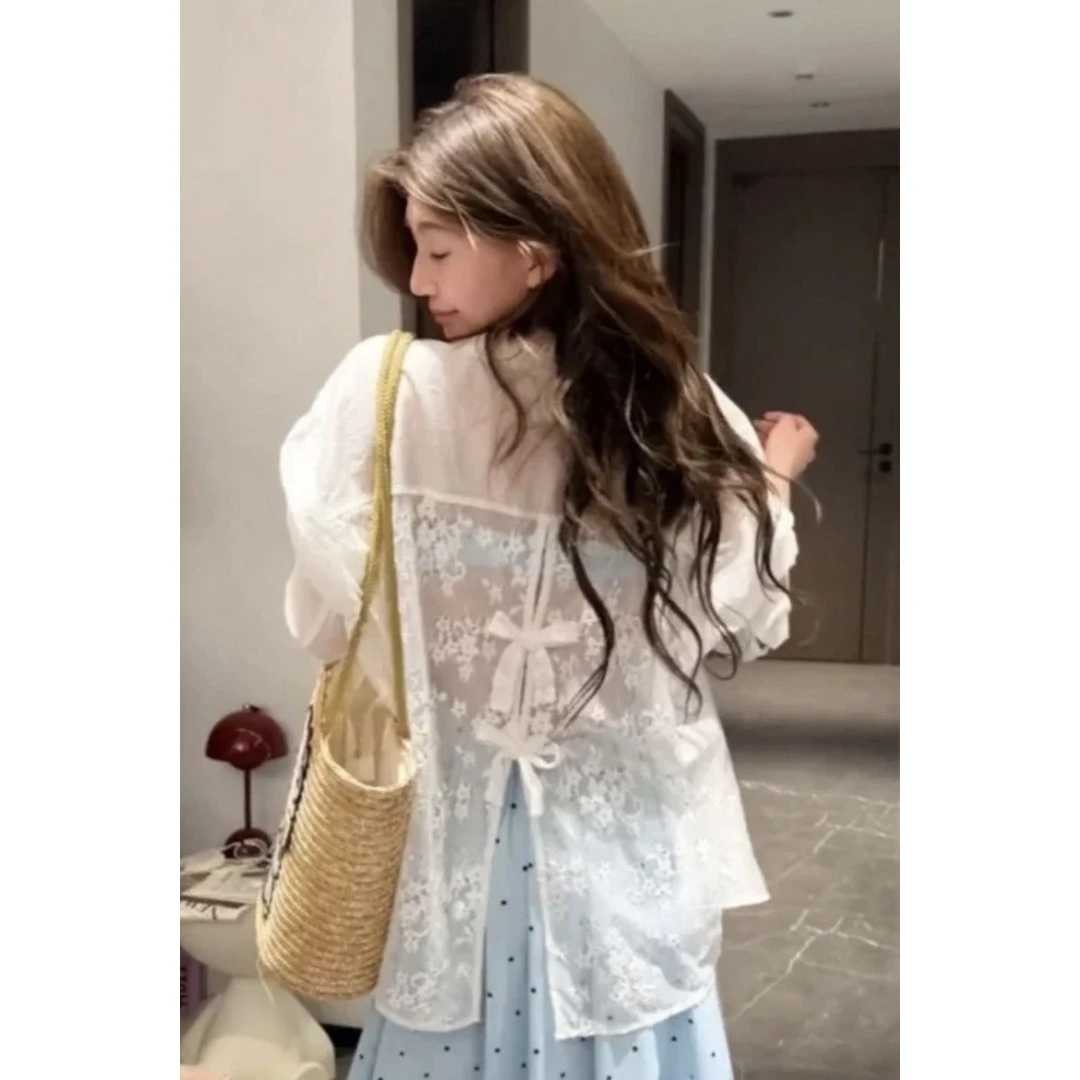 法式后背刺绣蕾丝边拼接衬衫女夏季披肩薄款防晒外套叠穿休闲上衣