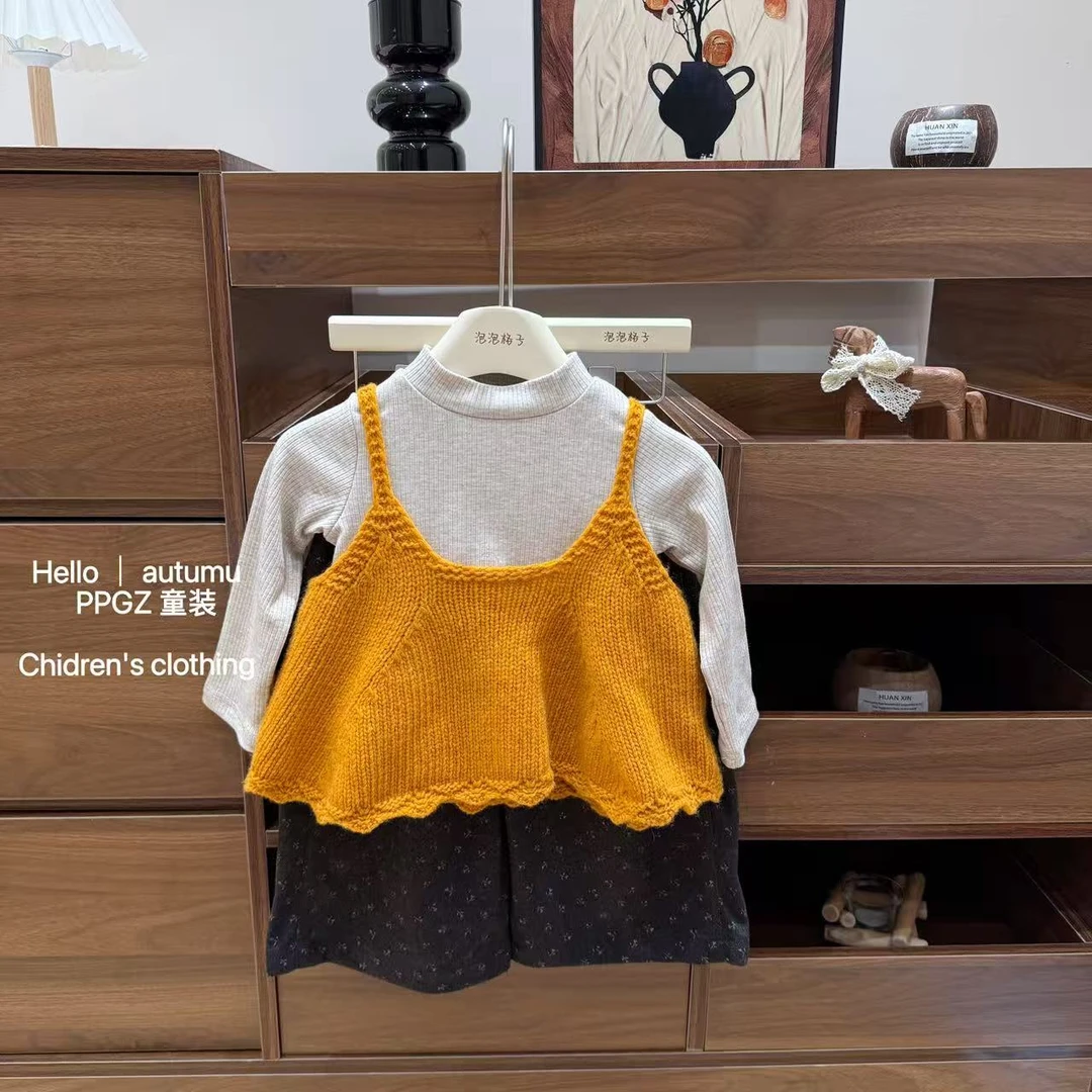 【泡泡格子】韩系女童新款橘色马甲背心针织打底碎花裤套装