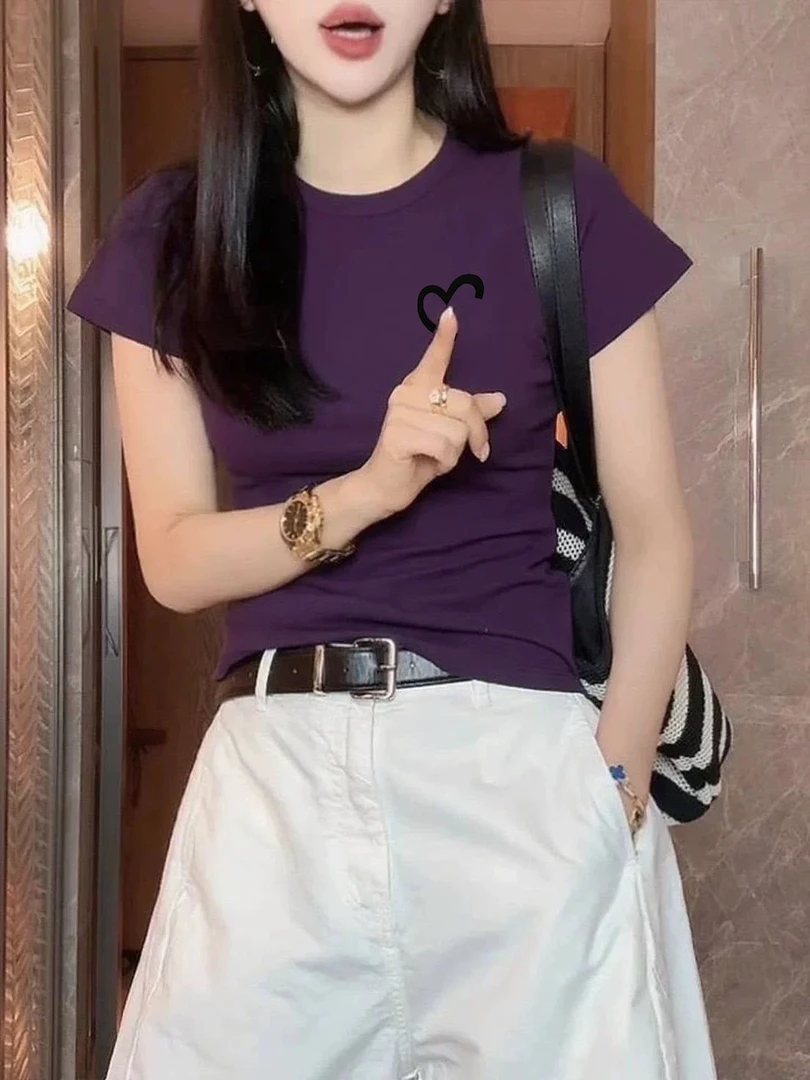 夏日多巴胺穿搭正肩紫色t恤女短袖夏季小衫设计感小众修身短上衣