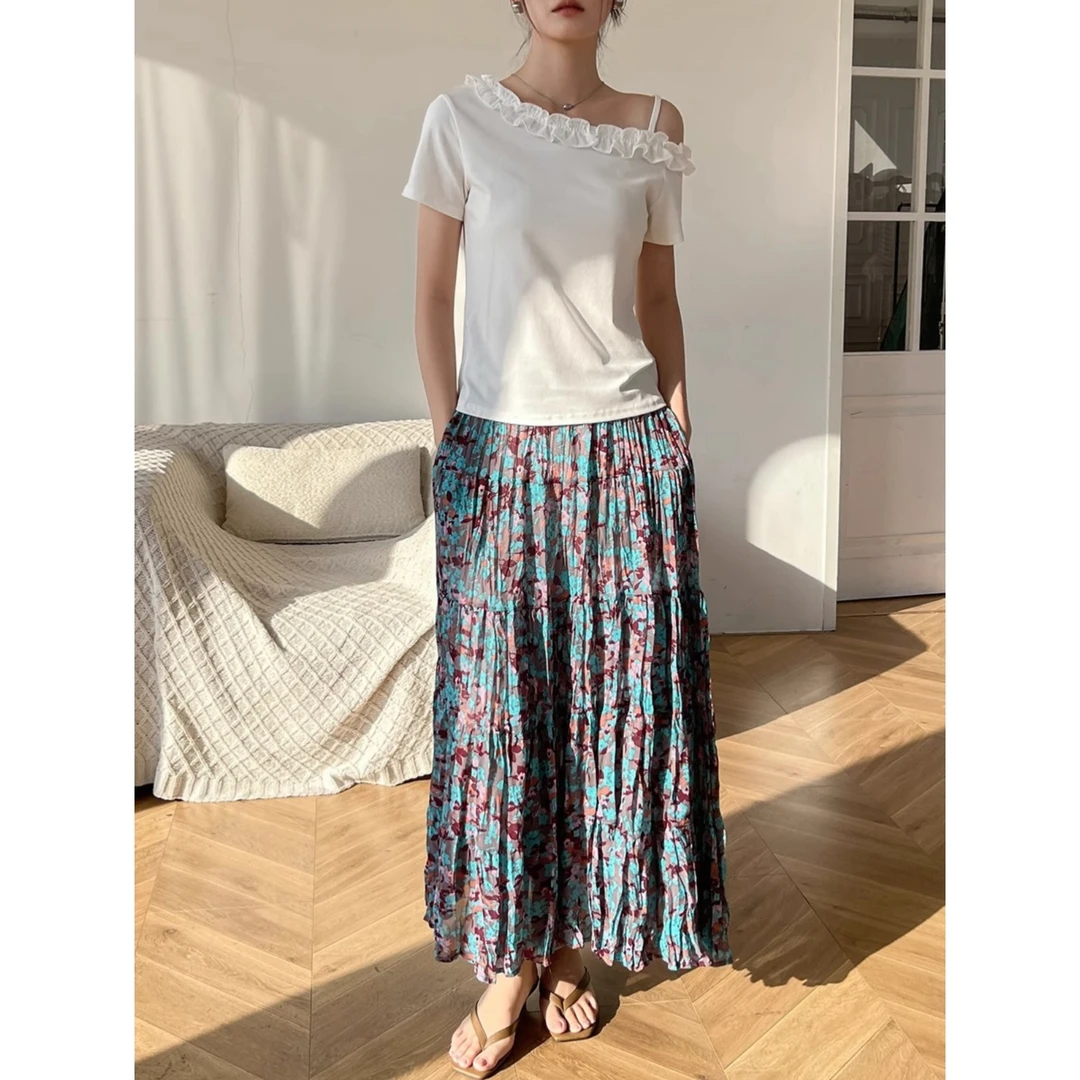 蓝色碎花半身裙女2025新款夏法式雪纺气质高腰垂感a字中长款裙子