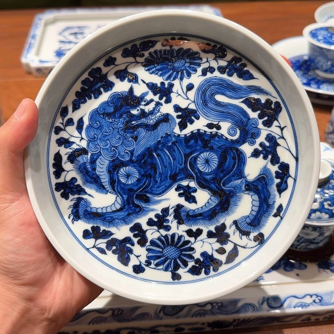 摆件g元青花狮子壶承17.7直径全品